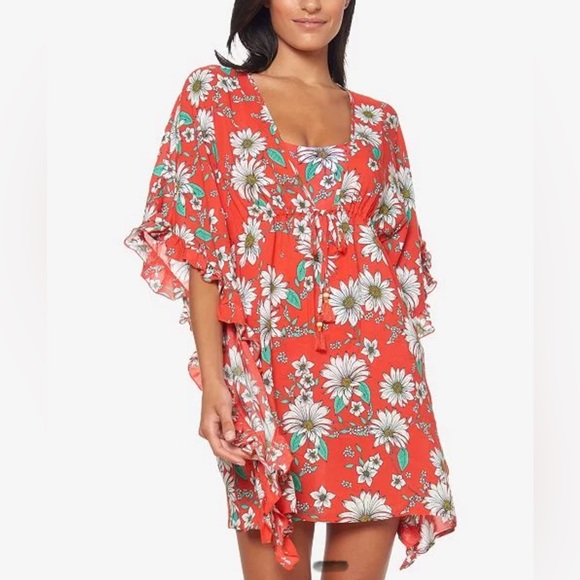 Jessica Simpson Printed Dress Swim Cover-Up Red Floral - Picture 1 of 8